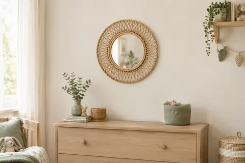 Miroir mural rond en rotin beige avec petit miroir central, installé sur un mur crème de chambre d’enfant.