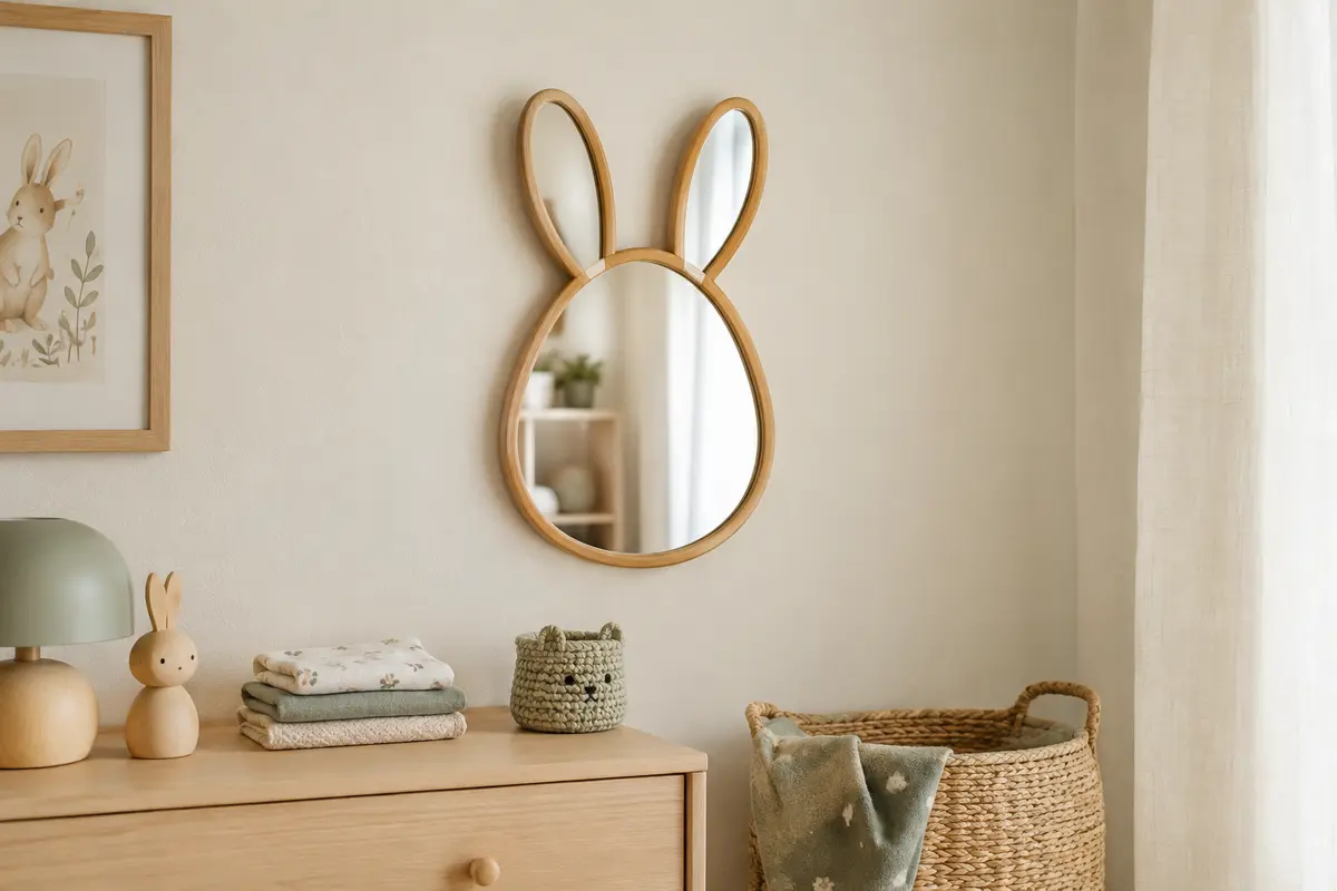 Miroir mural en forme de lapin avec cadre en bambou, installé sur un mur crème de chambre d’enfant.