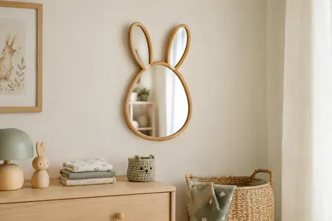Miroir mural en forme de lapin avec cadre en bambou, installé sur un mur crème de chambre d’enfant.