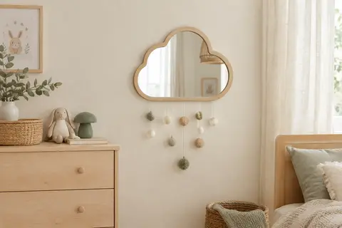 Miroir mural beige en forme de nuage, encadré de bois et décoré de pompons, sur un mur de chambre d’enfant.