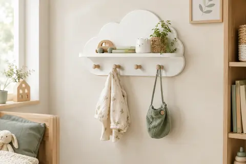 Patère murale blanche en forme de nuage avec tablette et quatre crochets dans une chambre d’enfant.