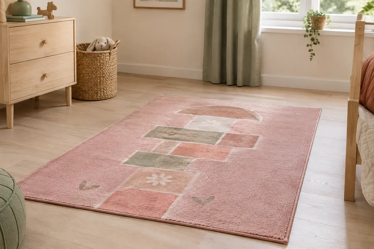 Tapis enfant rose à motif de marelle posé sur un sol clair dans une chambre lumineuse.
