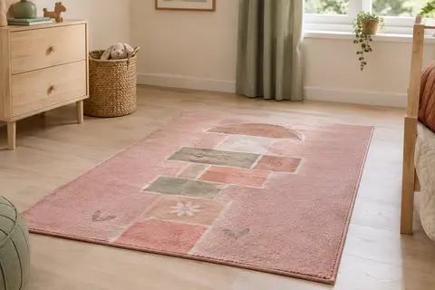 Tapis enfant rose à motif de marelle posé sur un sol clair dans une chambre lumineuse.