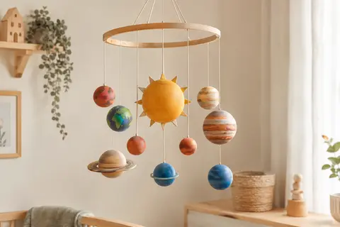 Mobile en bois multicolore représentant le système solaire, suspendu dans une chambre d’enfant claire.