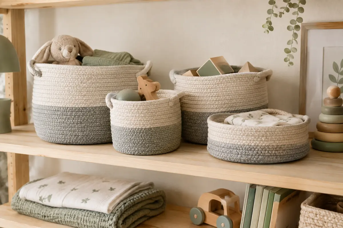 Quatre paniers de rangement en coton tressé beige et gris posés sur une étagère en bois clair