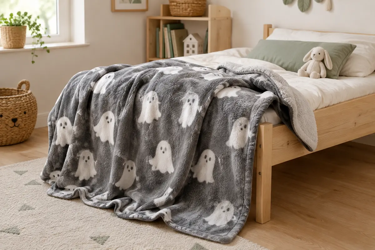 Plaid gris Bedlam à motifs de fantômes posé au pied d’un lit dans une chambre d’enfant.
