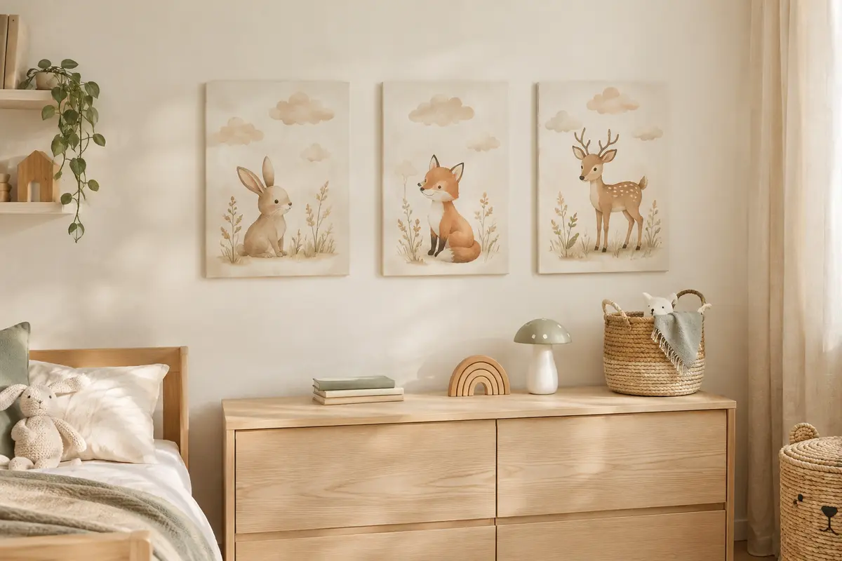 Trois affiches sur toile représentant un lapin, un renard, un cerf et des nuages sur un mur de chambre d’enfant.