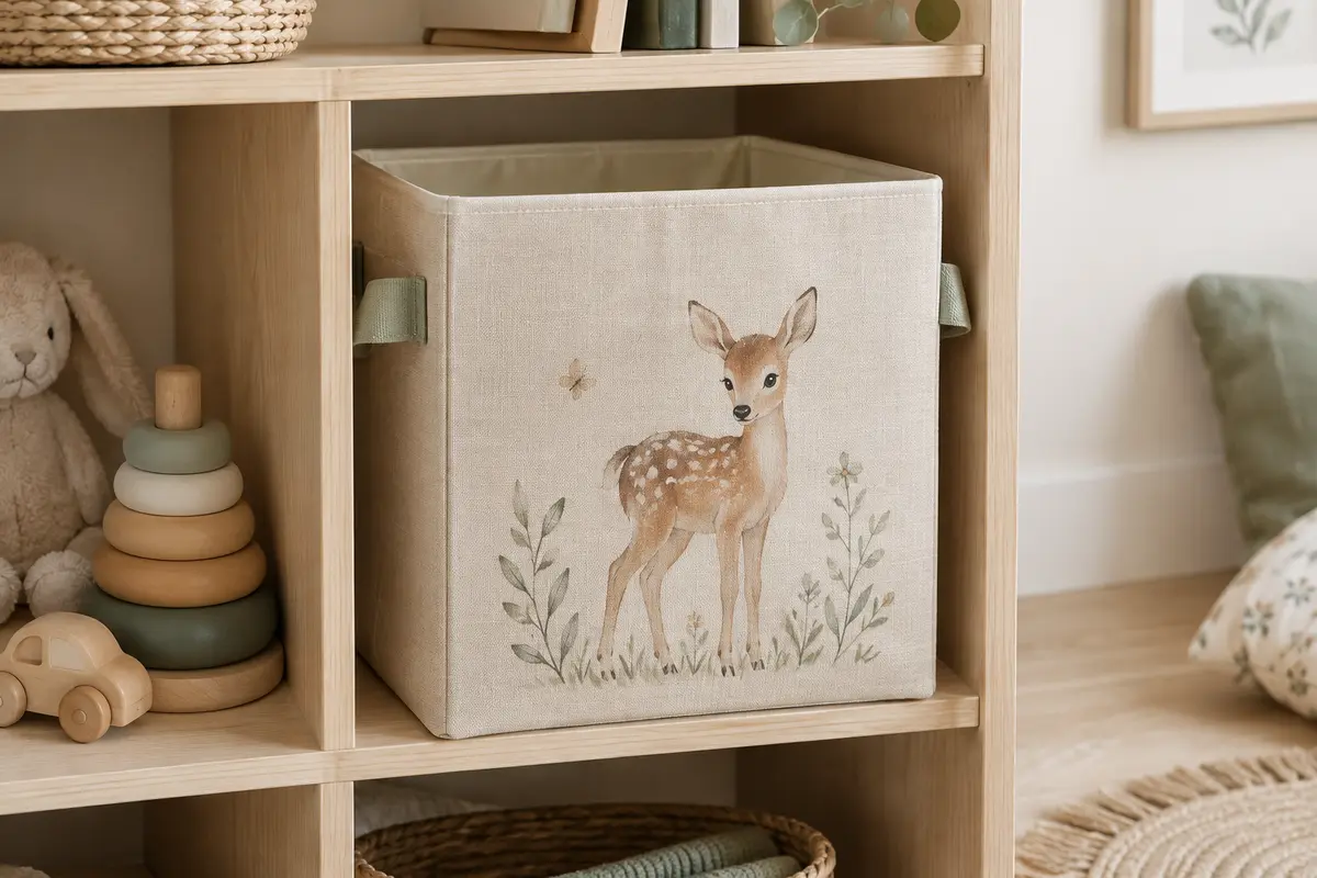 Boîte de rangement textile beige à motif de biche, posée dans un casier en bois clair