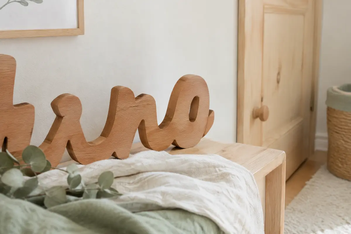 Prénom décoratif découpé dans du bois de hêtre brun, posé près d’un mur crème de chambre d’enfant.