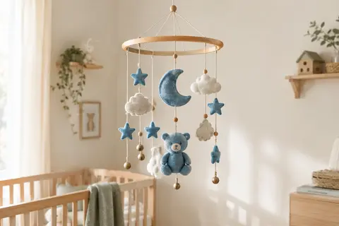 Mobile décoratif bleu en feutre et bambou, avec ours, lune, nuages, étoiles et clochettes.
