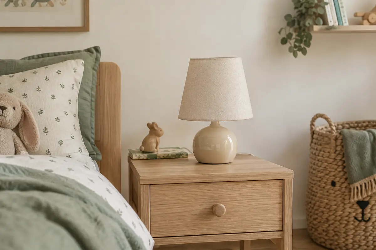 Lampe à poser beige avec pied en céramique et abat-jour en tissu sur une table de chevet en bois clair.