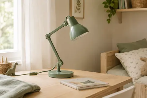 Lampe de table en métal vert orientable posée sur un bureau en bois clair dans une chambre d’enfant