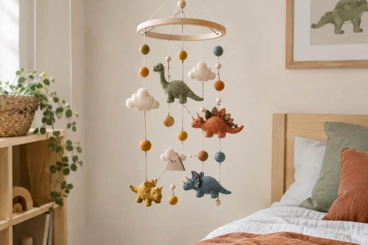 Mobile Champracer en feutre et bois, avec des dinosaures et des nuages suspendus dans une chambre d’enfant.