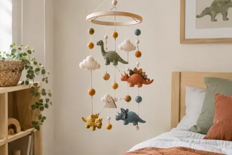 Mobile Champracer en feutre et bois, avec des dinosaures et des nuages suspendus dans une chambre d’enfant.