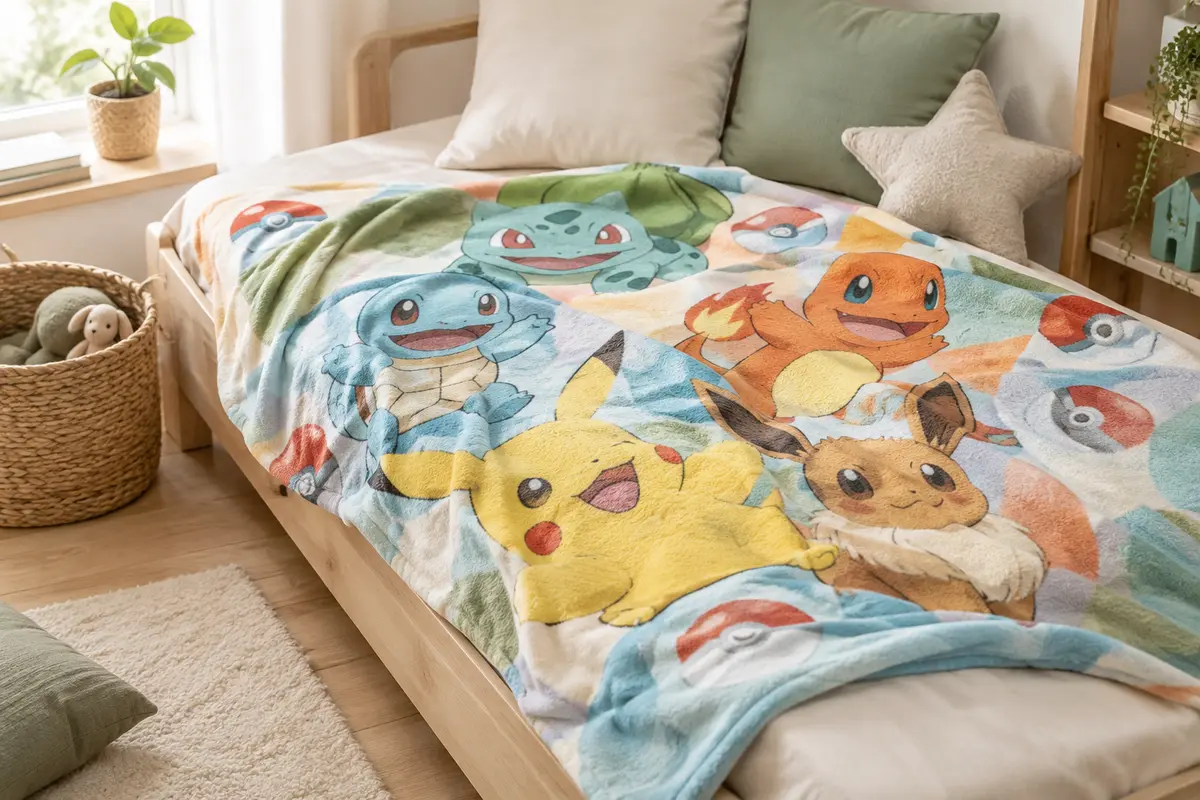 Plaid polaire pour enfant à motif Pokémon, posé sur un lit dans une chambre claire aux tons doux.