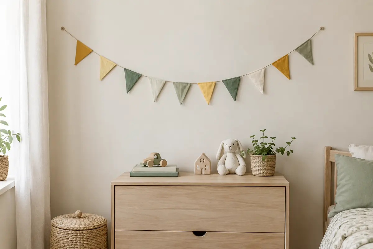 Guirlande de dix fanions en coton jaune, vert et blanc cassé suspendue dans une chambre d’enfant.