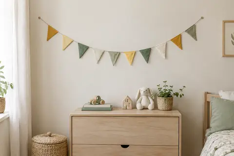 Guirlande de dix fanions en coton jaune, vert et blanc cassé suspendue dans une chambre d’enfant.