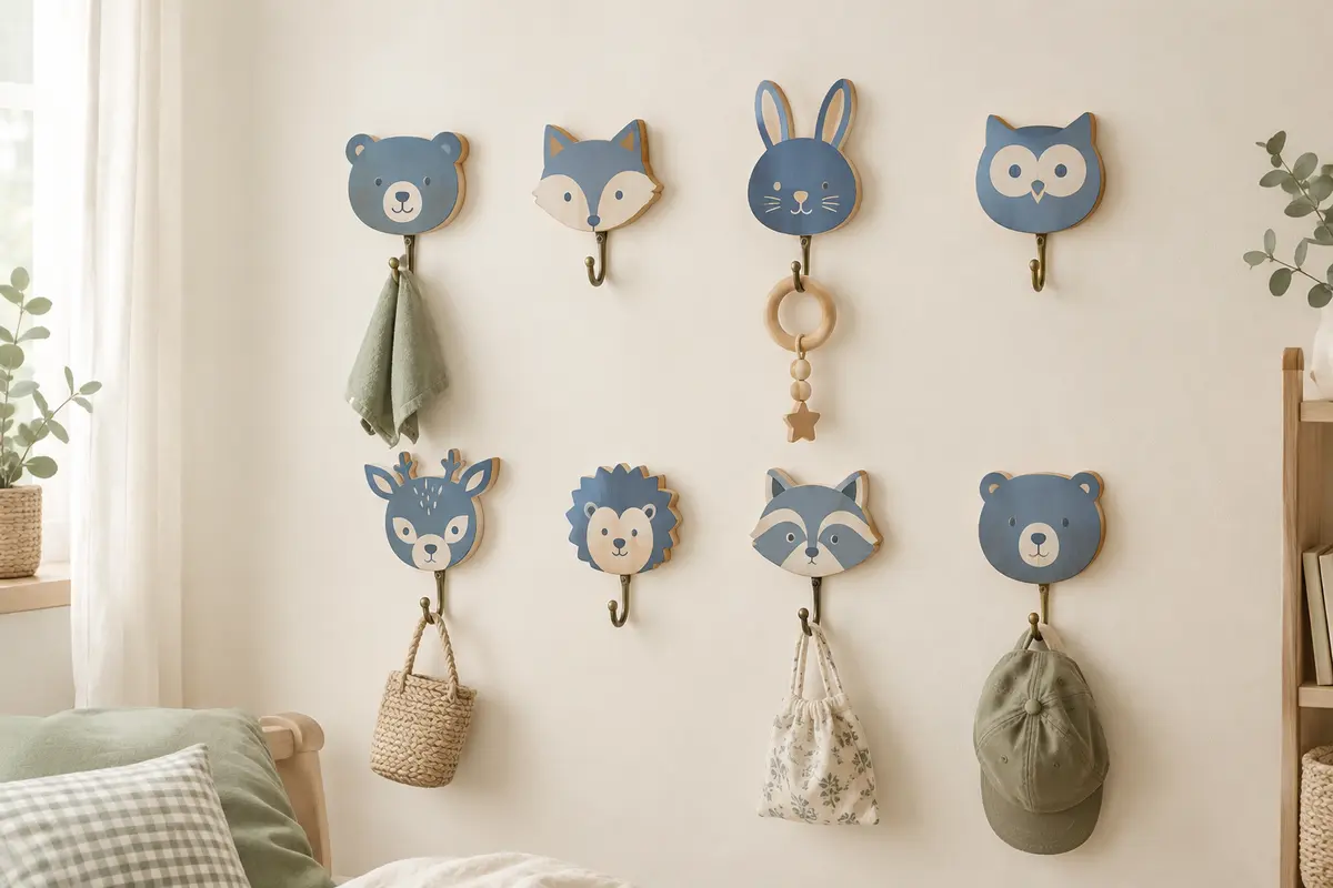 Huit patères bleues en bois à motifs animaliers, fixées au mur d’une chambre d’enfant.