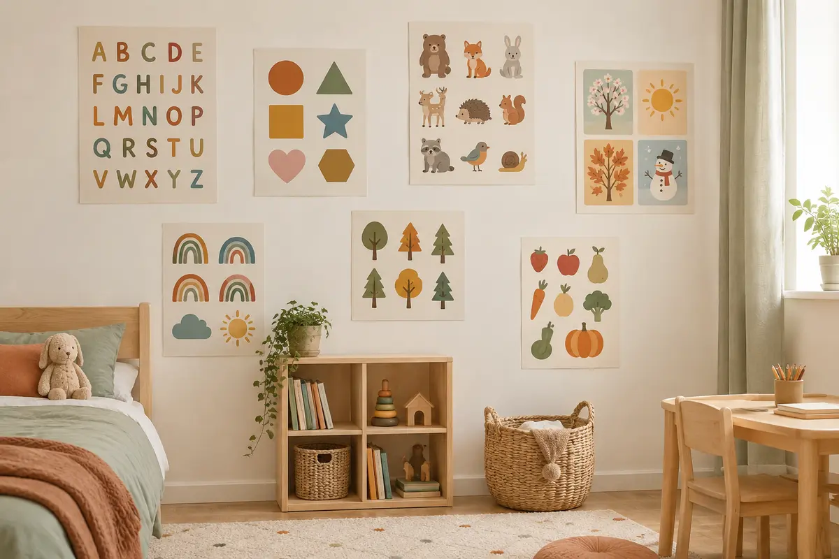 Ensemble de posters éducatifs colorés fixé sur un mur crème dans une chambre d’enfant lumineuse.