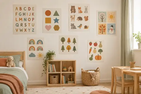 Ensemble de posters éducatifs colorés fixé sur un mur crème dans une chambre d’enfant lumineuse.