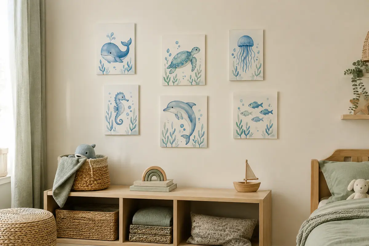 Six affiches en toile aux animaux marins bleus, disposées sur un mur de chambre d’enfant.