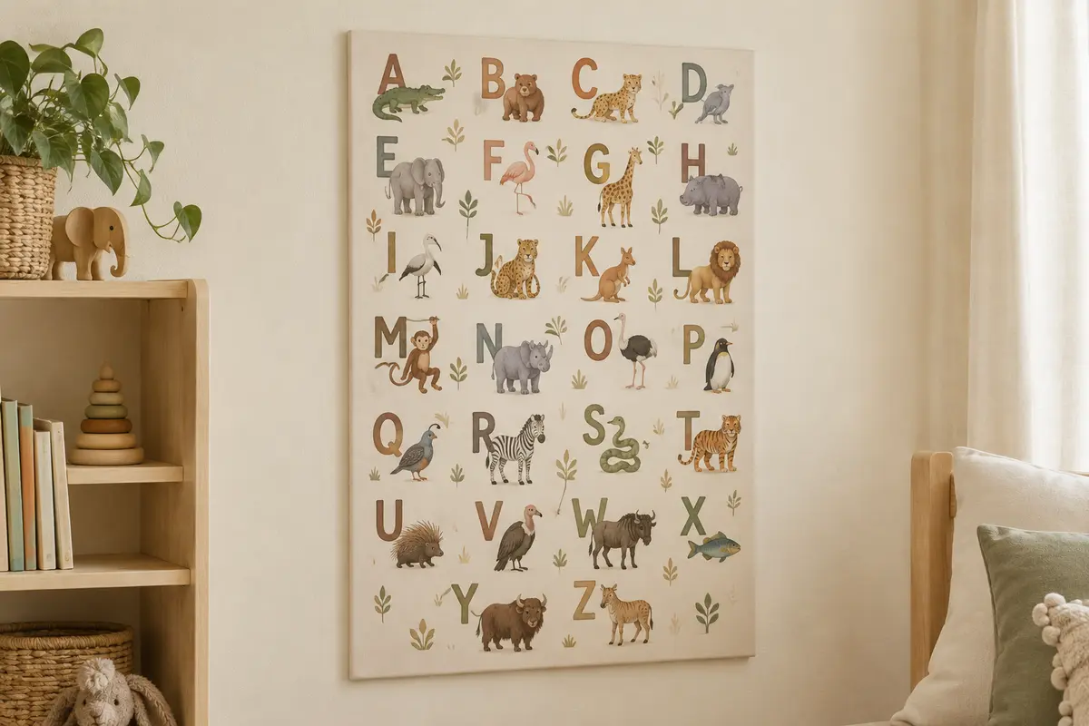 Affiche en toile sans cadre, avec alphabet illustré et animaux safari, accrochée sur un mur crème de chambre d’enfant.