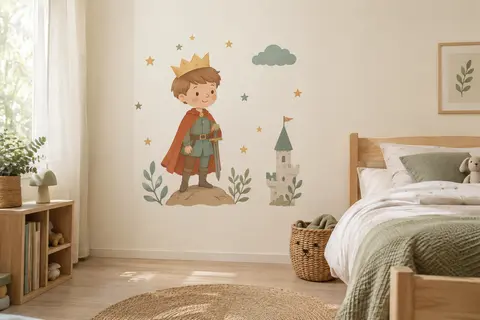 Sticker mural illustré d’un prince posé sur un mur crème dans une chambre d’enfant lumineuse