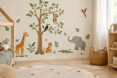 Stickers muraux d’arbre et d’animaux de la jungle disposés sur un mur clair de chambre d’enfant