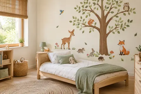 Stickers muraux illustrés d’un arbre et d’animaux de la forêt sur un mur de chambre d’enfant