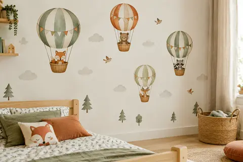 Stickers muraux d’animaux en montgolfière disposés sur un mur clair de chambre d’enfant.