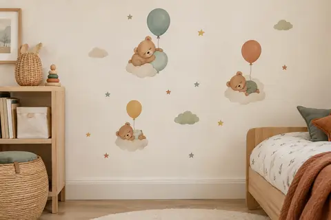 Stickers muraux d’oursons endormis avec ballon sur un mur crème de chambre d’enfant
