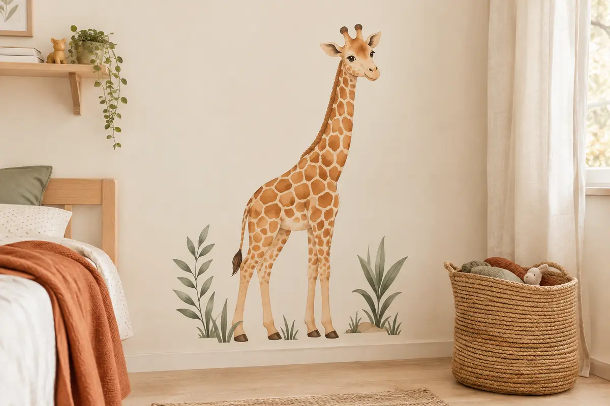 Sticker mural multicolore en forme de girafe posé sur un mur crème dans une chambre d’enfant