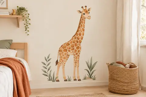 Sticker mural multicolore en forme de girafe posé sur un mur crème dans une chambre d’enfant