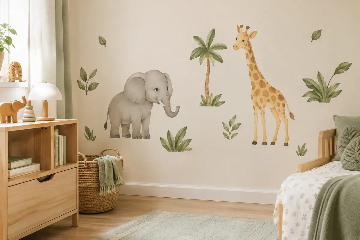 Stickers muraux safari avec éléphant et girafe colorés, disposés sur un mur clair de chambre d’enfant