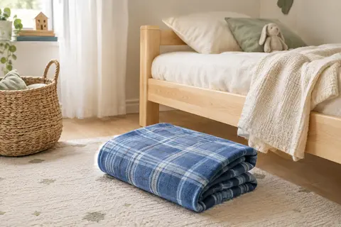 Plaid bleu en microfibre à motif tartan posé au pied d’un lit d’enfant en bois clair.
