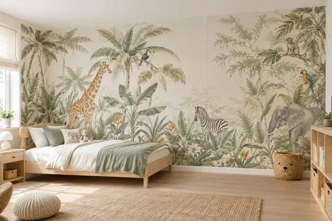 Papier peint panoramique de jungle et d’animaux posé sur le mur d’une chambre d’enfant lumineuse