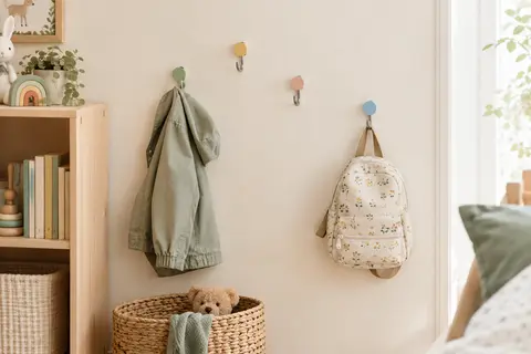 Quatre patères adhésives multicolores installées sur un mur crème dans une chambre d’enfant