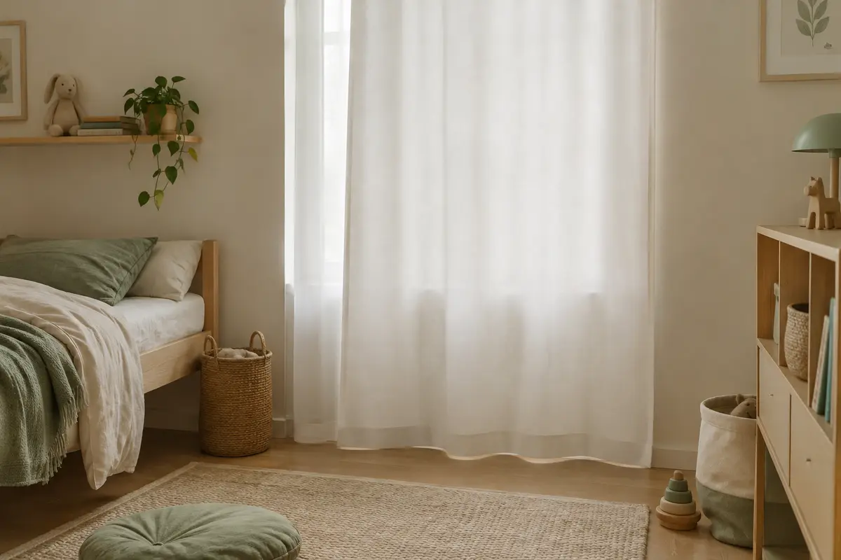Rideau blanc en polyester installé à la fenêtre d’une chambre d’enfant, avec une douce lueur dans la pénombre.