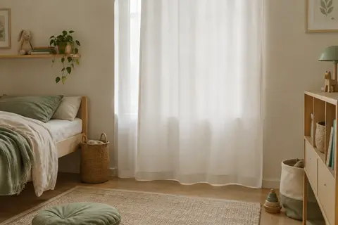 Rideau blanc en polyester installé à la fenêtre d’une chambre d’enfant, avec une douce lueur dans la pénombre.