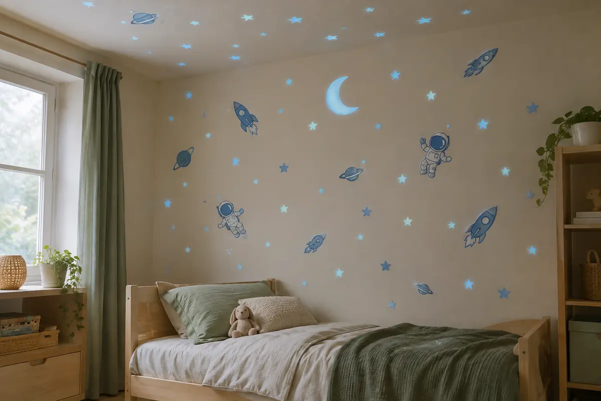 Stickers phosphorescents étoiles, lune et fusées disposés sur le mur d’une chambre d’enfant