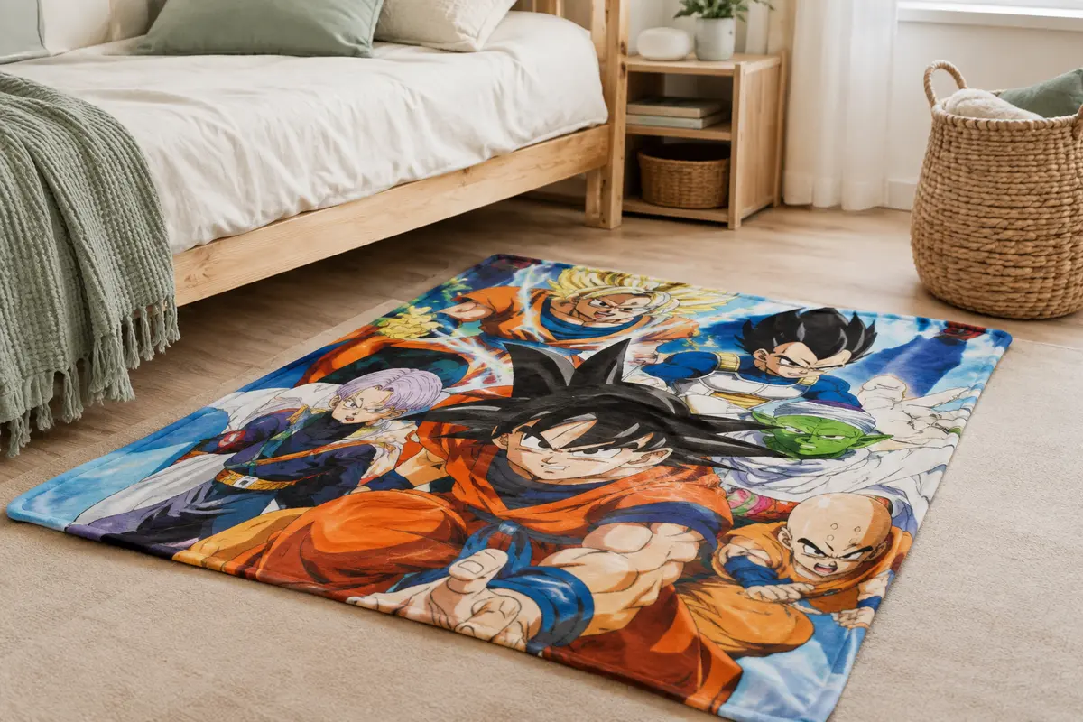 Plaid polaire Dragon Ball Z à motifs de personnages, posé au pied d’un lit d’enfant en bois clair.