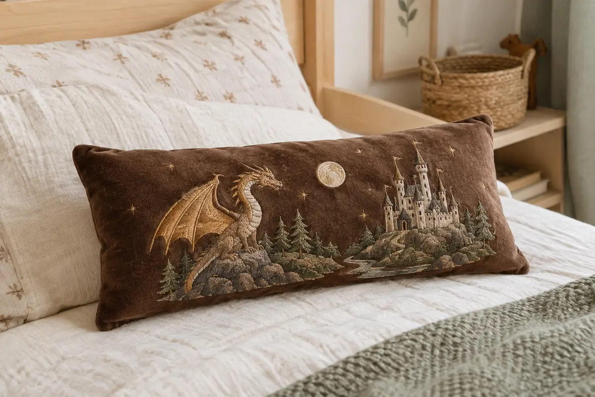 Coussin décoratif marron en velours avec broderie fantasy, posé sur un lit aux textiles crème.