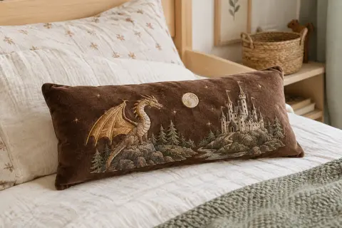 Coussin décoratif marron en velours avec broderie fantasy, posé sur un lit aux textiles crème.