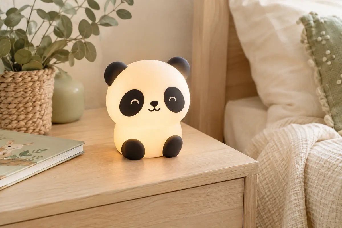 Veilleuse panda en silicone posée sur une table de chevet en bois clair dans une chambre d’enfant