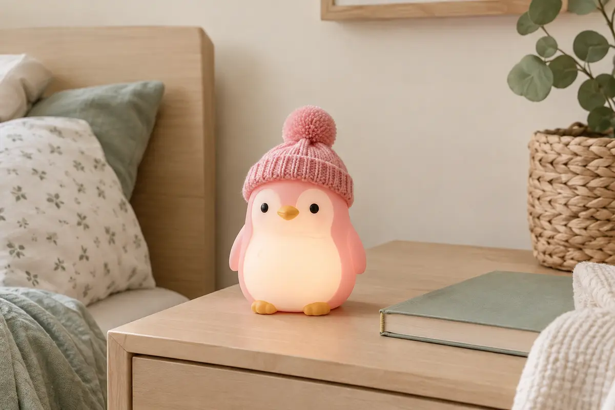 Veilleuse pingouin rose en silicone avec bonnet tricoté, posée sur une table de chevet en bois clair.
