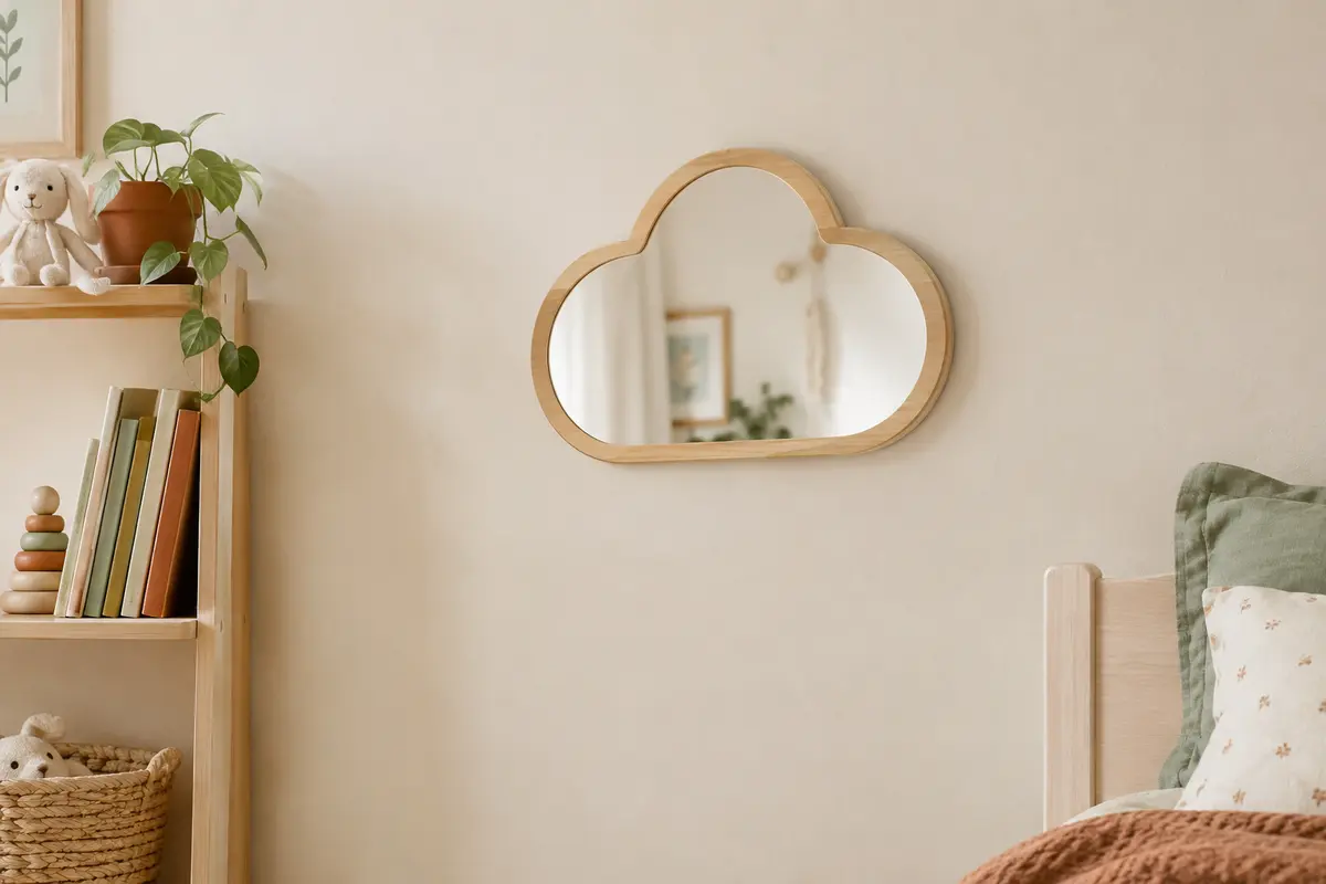 Miroir mural en forme de nuage avec face en acrylique et cadre en bois, dans une chambre d’enfant