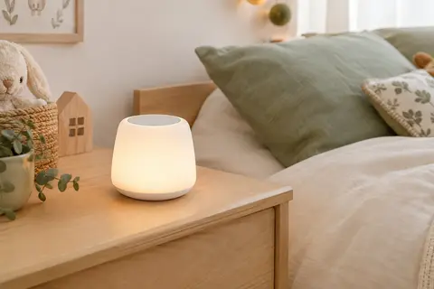 Veilleuse blanche tactile posée sur une table de chevet en bois clair dans une chambre d’enfant