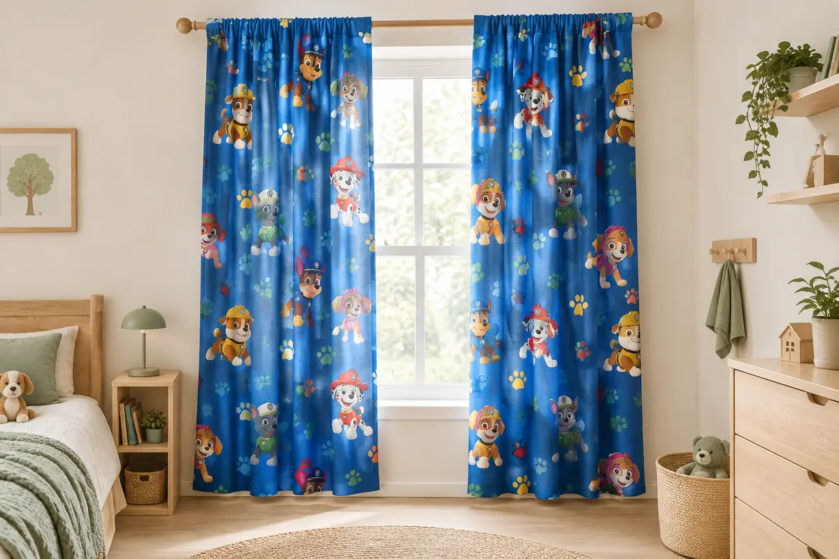 Paire de rideaux en microfibre à motif Pat’ Patrouille suspendue dans une chambre d’enfant.