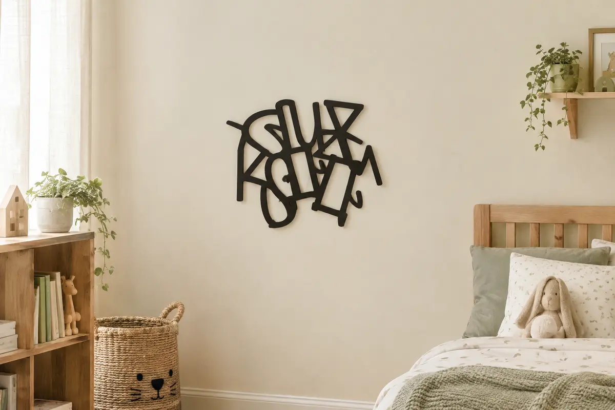 Plaque murale personnalisée en métal noir installée sur un mur crème dans une chambre d’enfant