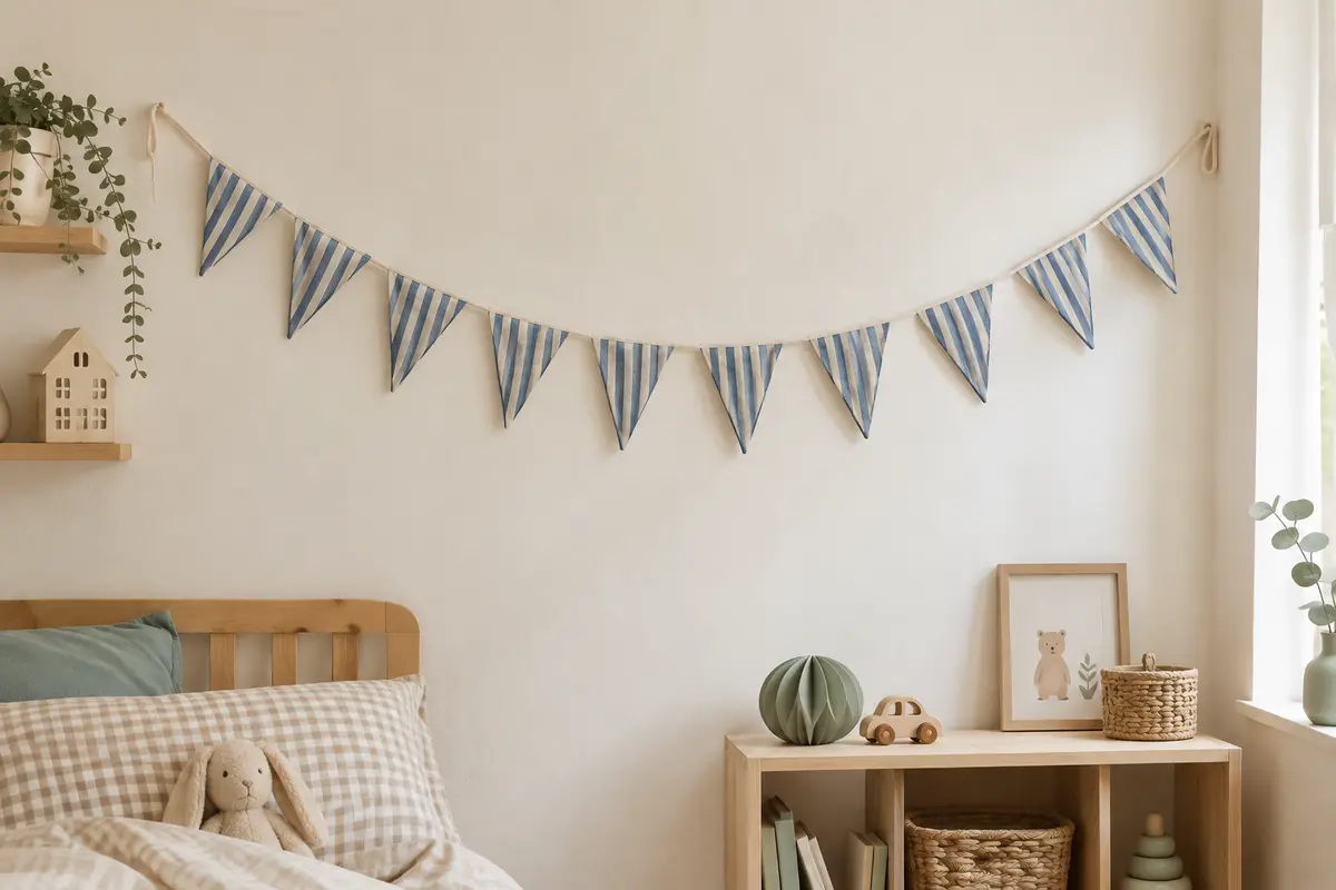 Guirlande de fanions en coton beige et bleu suspendue sur un mur crème de chambre d’enfant.